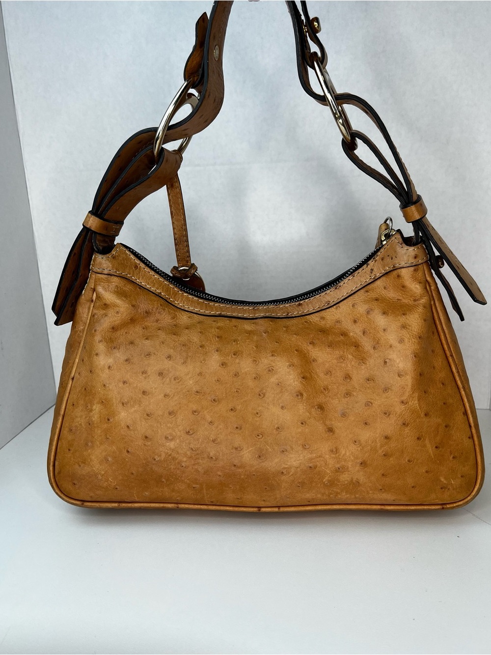 Dooney & Bourke Tan Ostrich Embossed Leather Hobo Bag Slouchy Shoulder Purse - Picture 3 of 7